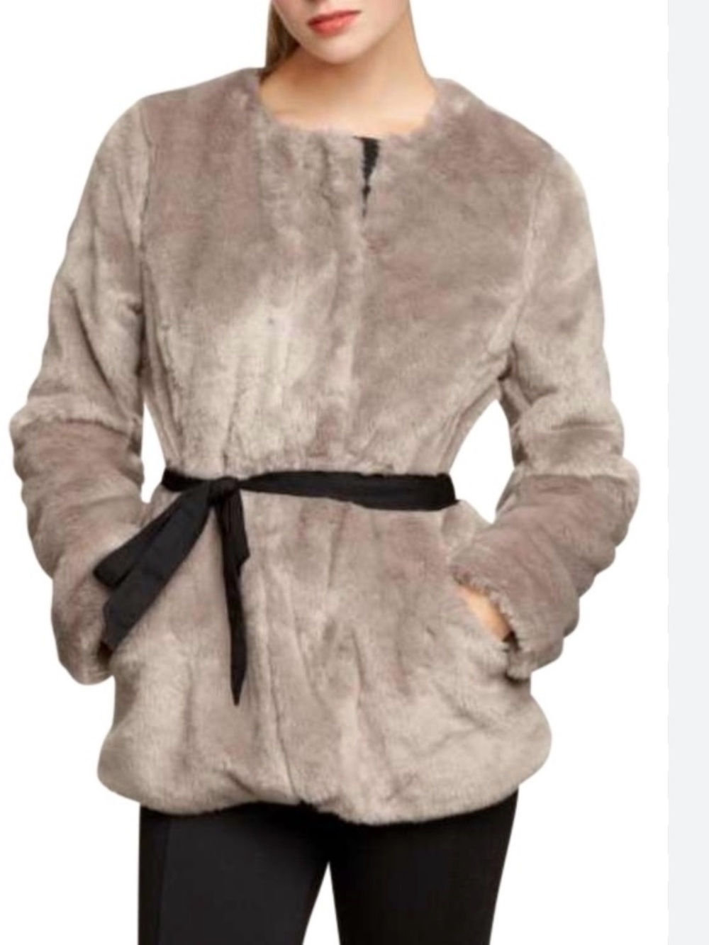 GAP Taupe Faux Fur Teddy Jacket with Black Tie Belt Timeless Beauty Small